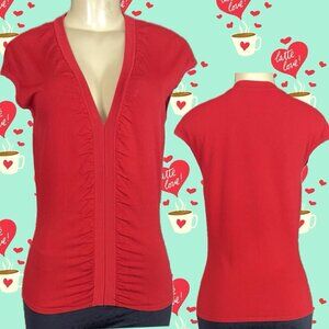 Bisou Jeans L Juniors Red Ruched Stretch V-Neckline Ribbed Trim Cap Sleeve Top